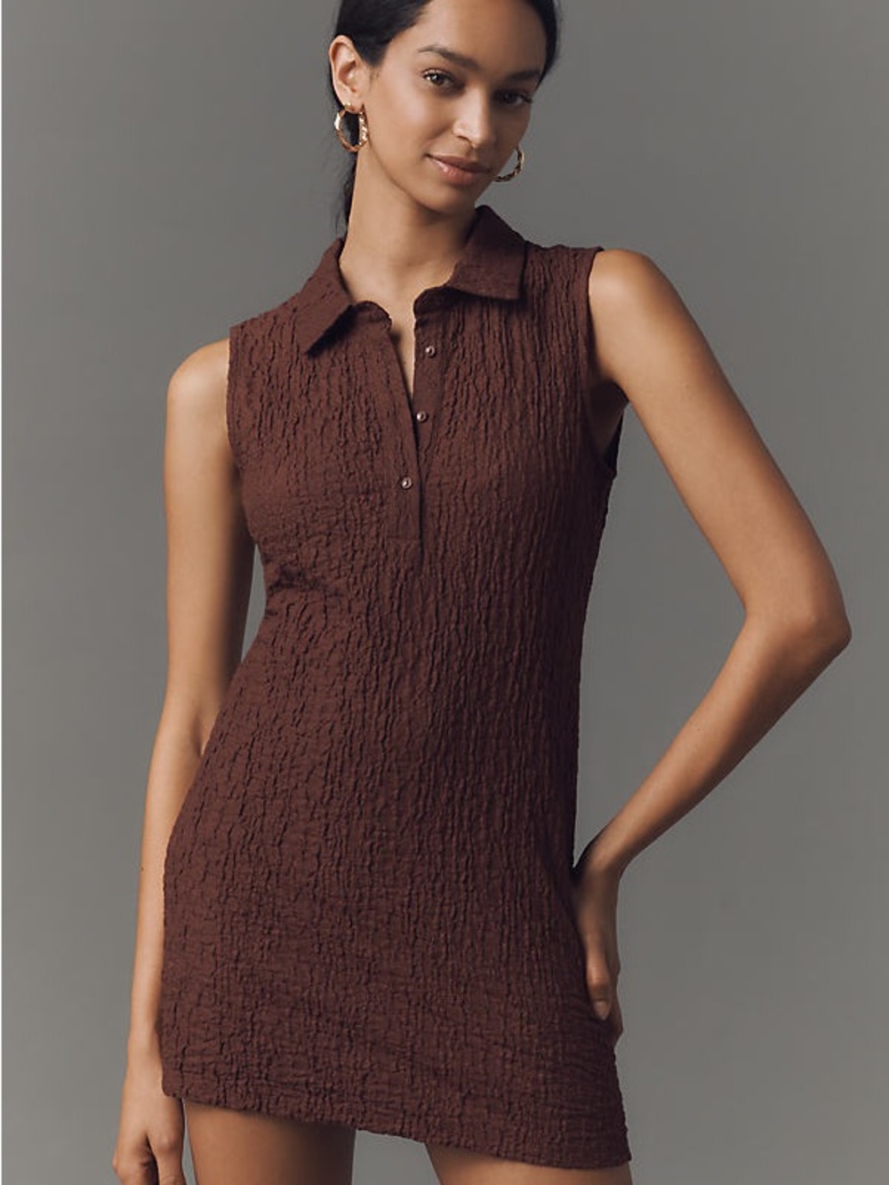 Anthropologie Sleeveless Crinkled Polo mini shirt Dress in warm brown
